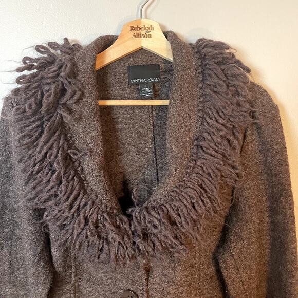 Cynthia Rowley 100% Boiled Wool Brown Sweater w/ Fringe Neckline SZ Large - Picture 2 of 10